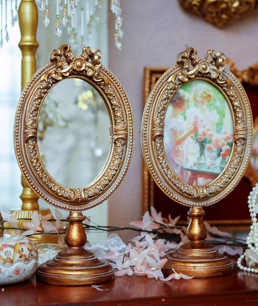 Vintage Inspired Gold Photo Frame and Mirror with A Stand