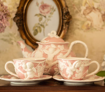 Pink Retro French Style Relief Ceramic Tea Set with Angels