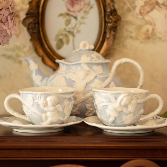 Blue Retro French Style Relief Ceramic Tea Set with Angels